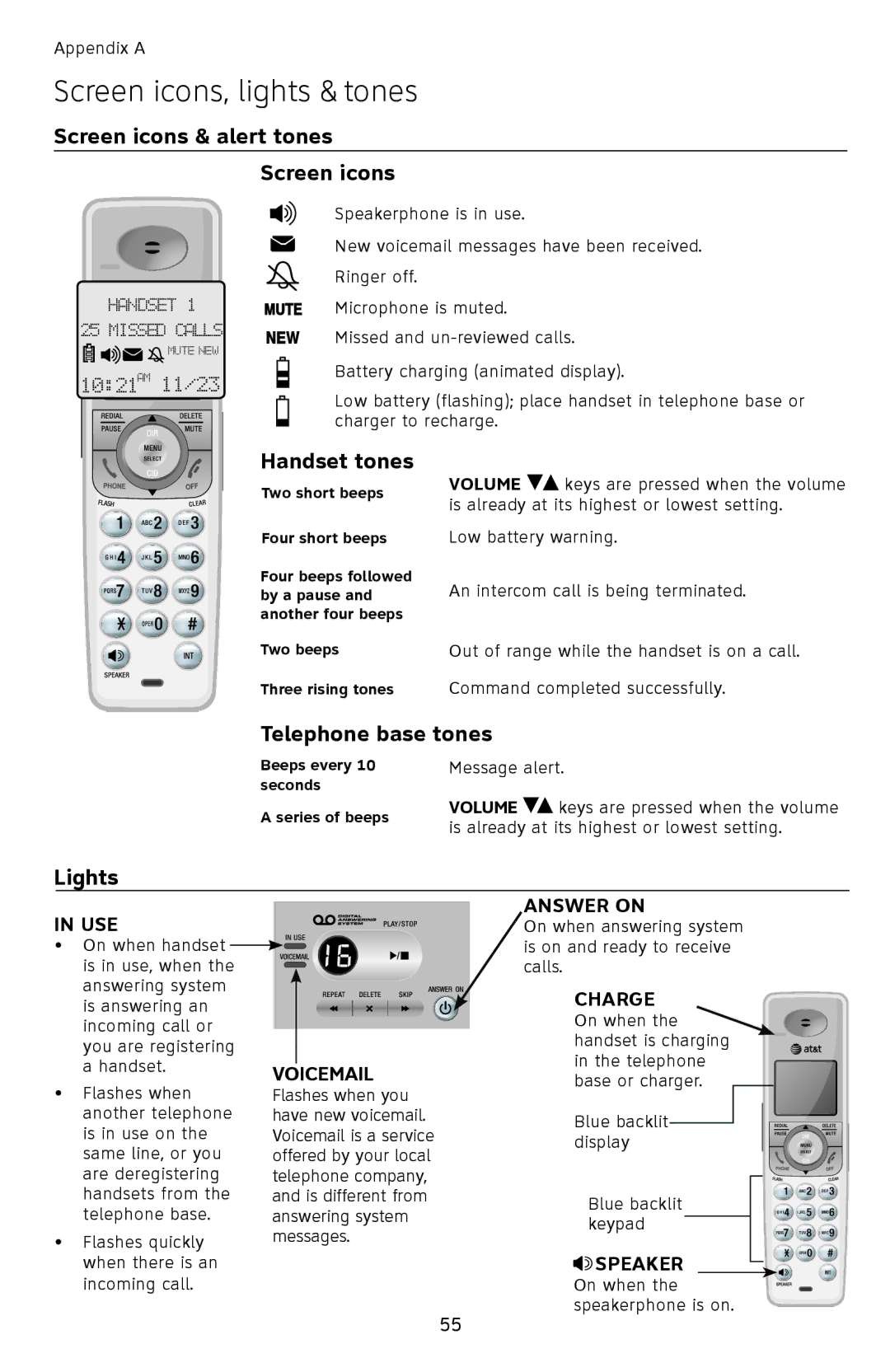 AT&T SL82318 Screen icons, lights & tones, Screen icons & alert tones, Handset tones, Telephone base tones, Lights 